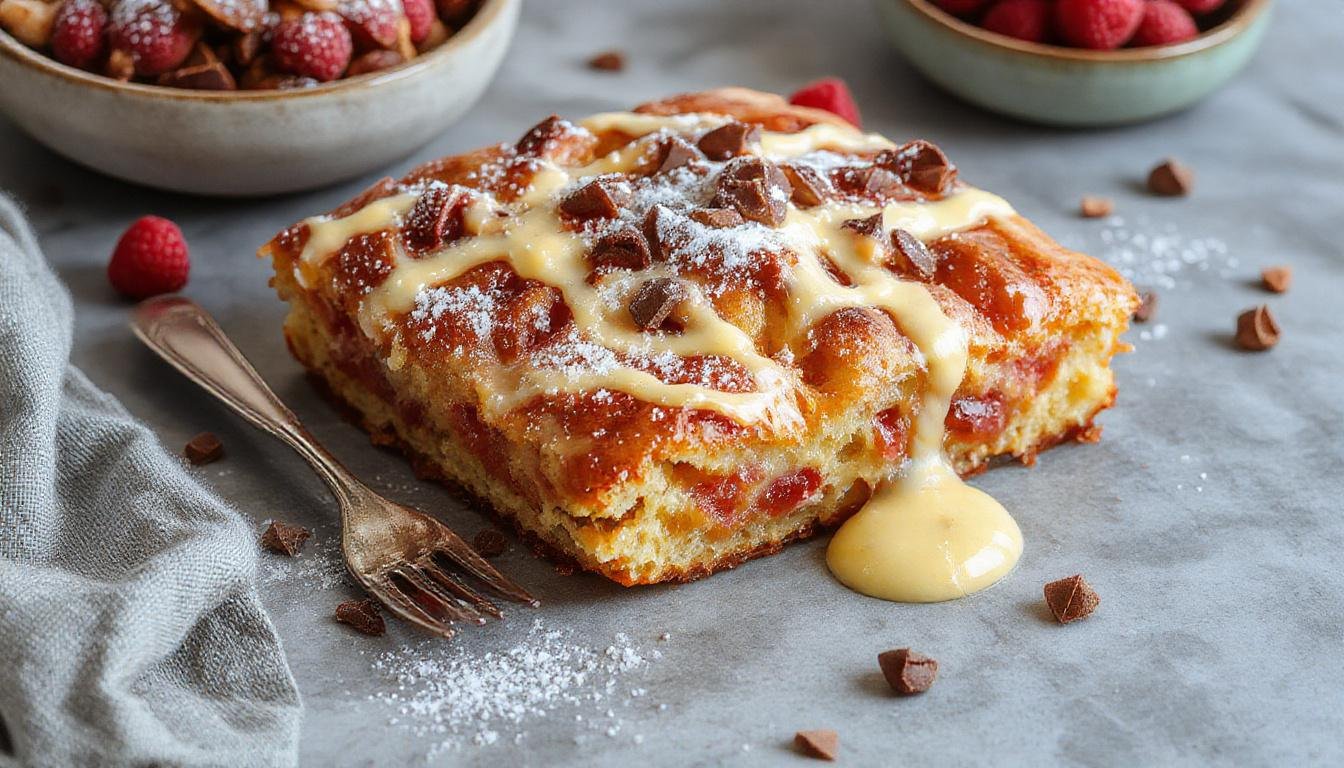 Ein Stück klassischer Streuselkuchen mit Vanillepudding, goldbraune Streusel oben, cremiger Vanillepudding in der Mitte, auf einem weißen Teller serviert