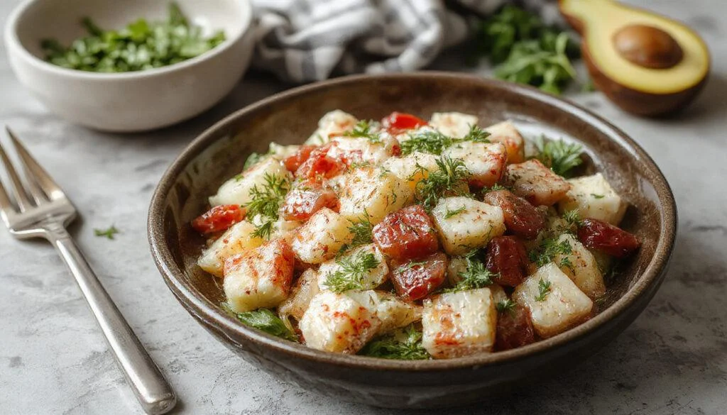 Ein frischer griechischer Bauernsalat auf einem weißen Teller, bestehend aus roter Tomate, grünem Gurke, roter Zwiebel, grünen Paprika, schwarzen Oliven und Feta-Käse, garniert mit getrockneten Oreganoblättern, alles liebevoll angerichtet mit einem Schuss Olivenöl und einem Zitronenschnitz als Dekoration