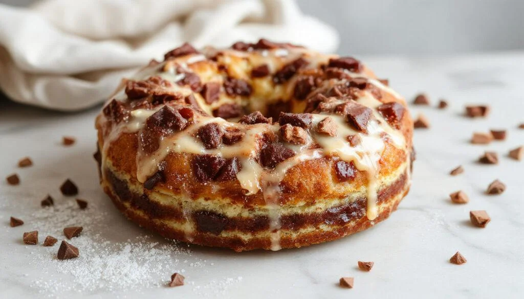 Ein goldbrauner Marmorkuchen, der in Scheiben geschnitten ist, zeigt ein swirly Marmor-Muster mit dunklerer Schokoladenschicht und heller Vanilleschicht, auf einem weißen Teller serviert, umgeben von frischen Beeren und Minzblättern, die das köstliche Aussehen betonen.