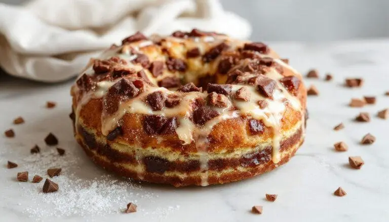 Ein goldbrauner Marmorkuchen, der in Scheiben geschnitten ist, zeigt ein swirly Marmor-Muster mit dunklerer Schokoladenschicht und heller Vanilleschicht, auf einem weiĂen Teller serviert, umgeben von frischen Beeren und MinzblĂ€ttern, die das köstliche Aussehen betonen.