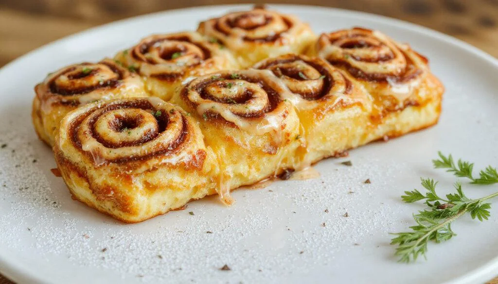 Ein elegant angerichteter Bienenstich-Biskuitrolle, mit goldbrauner Oberseite und cremiger Füllung sichtbar, dekoriert mit Mandeln und Honig