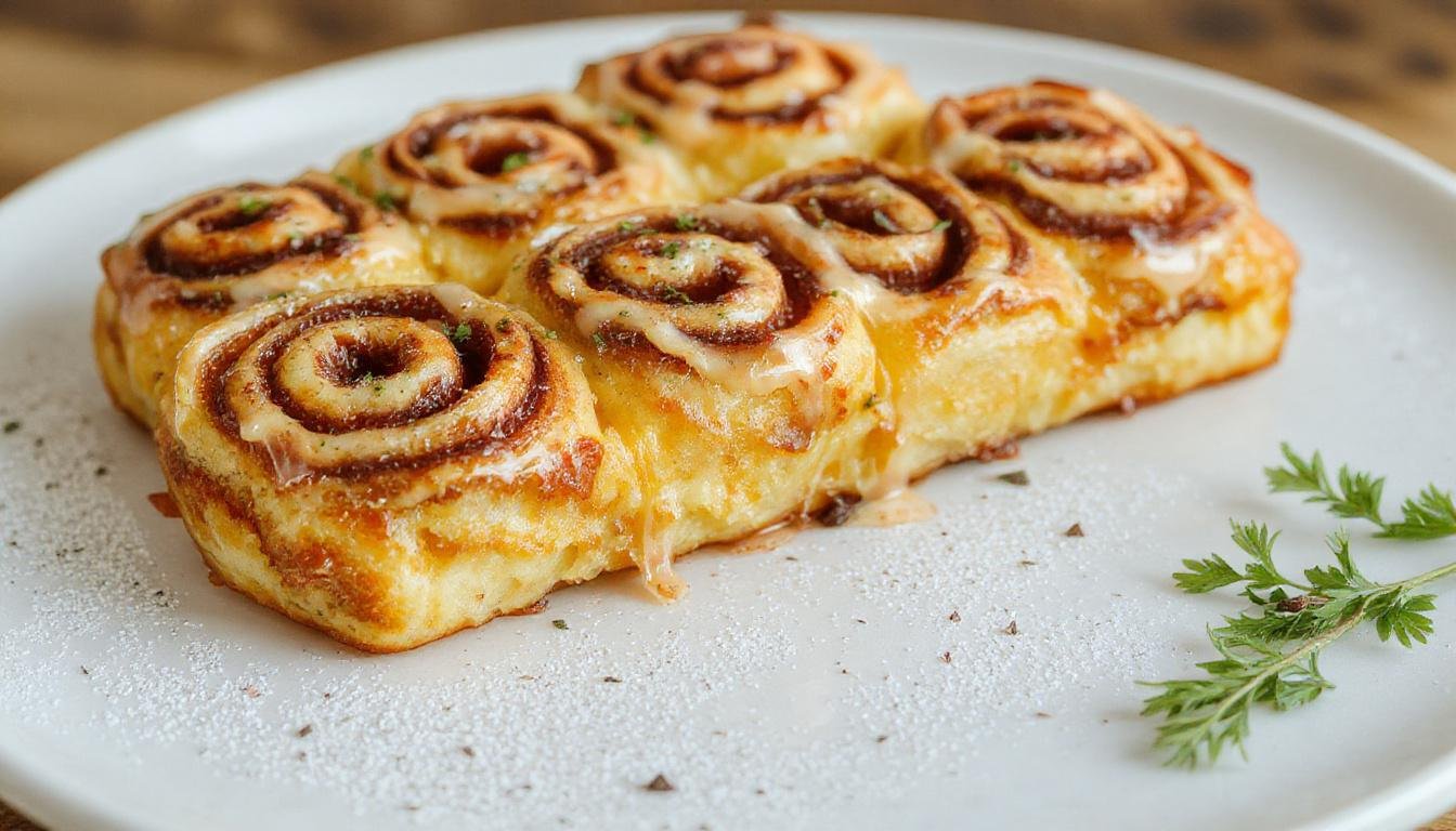 Ein elegant angerichteter Bienenstich-Biskuitrolle, mit goldbrauner Oberseite und cremiger Füllung sichtbar, dekoriert mit Mandeln und Honig