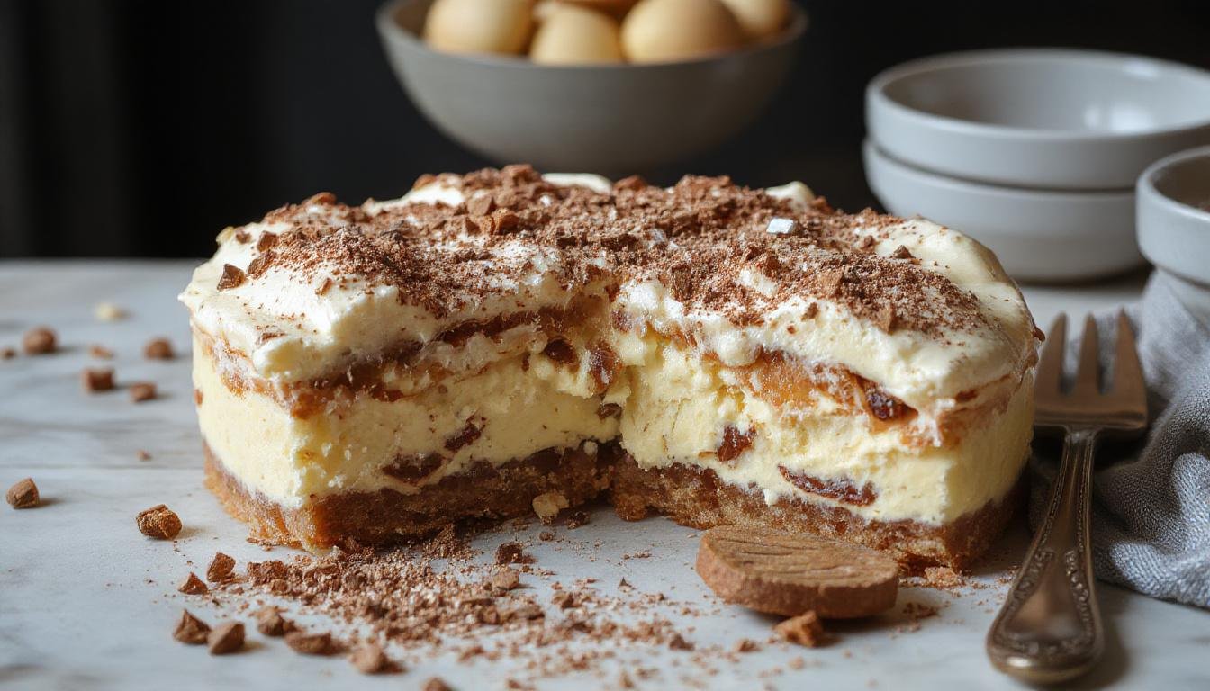 Ein elegantes Glas mit cremigem Tiramisu, garniert mit Kakaopulver und kleinen Schokoladenstückchen, präsentiert auf einem weißen Teller mit einem Löffel daneben.
