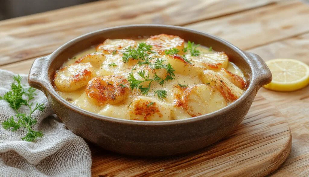 Ein cremiges Kartoffelgratin in einer weißen ceramic plate, goldbraun gebacken mit knuspriger Kruste, feine Scheiben von Kartoffeln sichtbar, mit frischen Kräutern garniert, auf einem rustikalen Holztisch präsentiert.