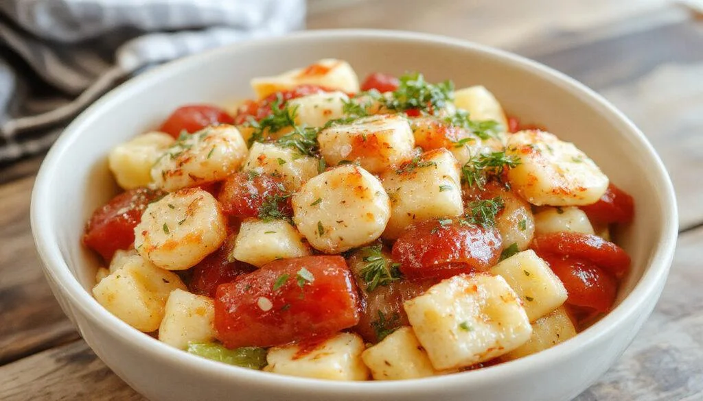 Ein frisch zubereiteter Knackiger Salat mit knusprigen Gnocchi auf einem weißen Teller, buntes Gemüse und goldbraune Gnocchi, umgeben von grünen Salatblättern, alles ansprechend arrangiert.