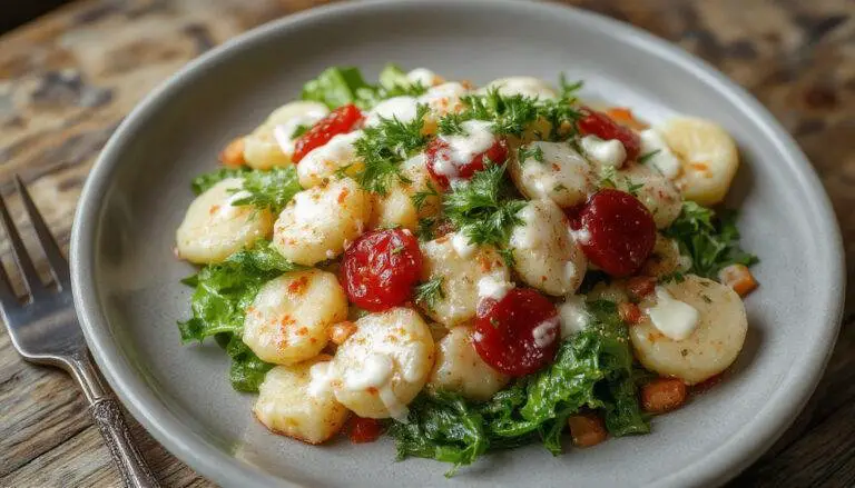 Ein farbenfroher Salat mit knackigem, grĂŒnen Blattsalat, goldbraun gebratenen Gnocchi, die knusprig aussehen, und einem cremigen Joghurt-Dressing, alles ansprechend angerichtet in einer eleganten SchĂŒssel.