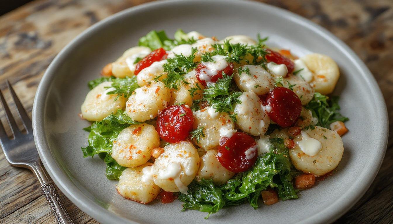 Ein farbenfroher Salat mit knackigem, grünen Blattsalat, goldbraun gebratenen Gnocchi, die knusprig aussehen, und einem cremigen Joghurt-Dressing, alles ansprechend angerichtet in einer eleganten Schüssel.