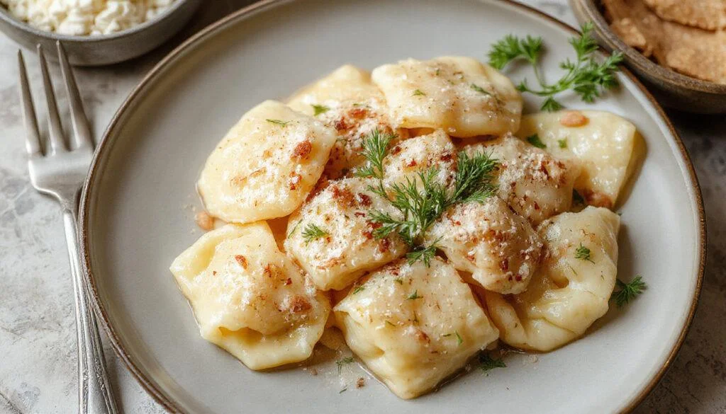 Ein Teller mit goldgelben Knoblauch-Parmesan-Nudeln, garniert mit frisch geriebenem Parmesan und gehackter Petersilie. Die Nudeln sind cremig und glänzend, in einem weißen cremefarbenen Keramikgeschirr serviert, auf einem dunklen Holztisch.