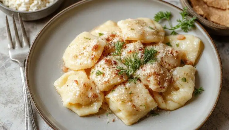 Ein Teller mit goldgelben Knoblauch-Parmesan-Nudeln, garniert mit frisch geriebenem Parmesan und gehackter Petersilie. Die Nudeln sind cremig und glänzend, in einem weißen cremefarbenen Keramikgeschirr serviert, auf einem dunklen Holztisch.