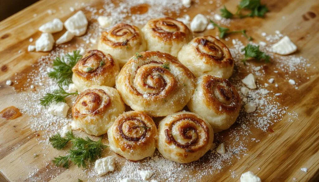 Goldbraune, knusprige Feta-Röllchen liegen auf einem weißen Teller, garniert mit frischen Kräutern und begleitet von einer Beilage aus buntem Gemüse, die appetitlich und einladend wirkt.