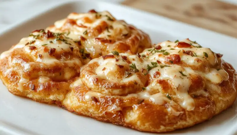 Bite-sized, knusprige Flammkuchen-Schnecken mit knusprigem Rand, belegert mit Zwiebeln, Speck und Cremefraiche, kunstvoll auf einem rustikalen Holzbrett drapiert, frisch und einladend.
