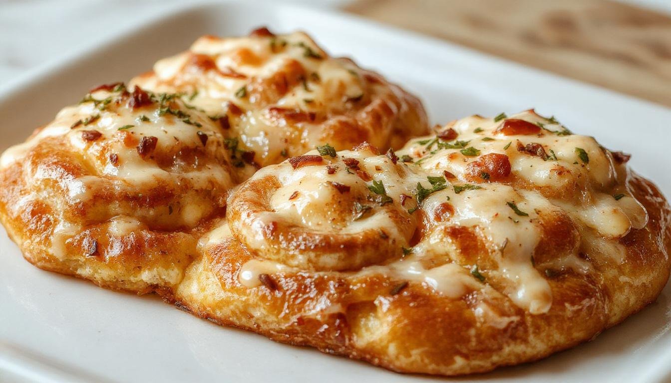 Bite-sized, knusprige Flammkuchen-Schnecken mit knusprigem Rand, belegert mit Zwiebeln, Speck und Cremefraiche, kunstvoll auf einem rustikalen Holzbrett drapiert, frisch und einladend.