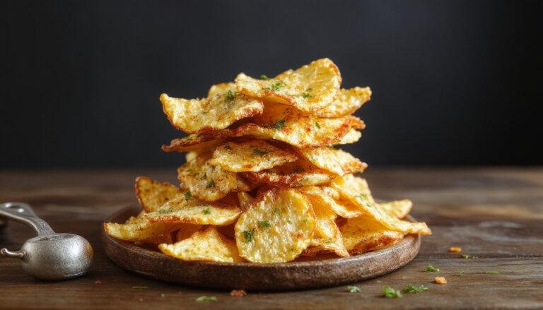Goldbraune, knusprige Hüttenkäse-Chips, die in einer eleganten weißen Schüssel liegen. Die Chips sind dünn, leicht gebräunt, mit einer rauen Textur und Sesamsamen bestreut. Im Hintergrund sind frische Kräuter und Pfeffer zu erkennen, die den Snack ansprechend ergänzen.