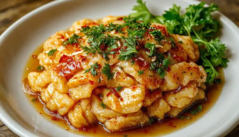 Goldbraune, knusprige Honig-Chili-Kartoffeln, die auf einem weißen Teller angerichtet sind, mit einer leichten Glasur und roten Chiliflocken, umgeben von frischen Kräutern.