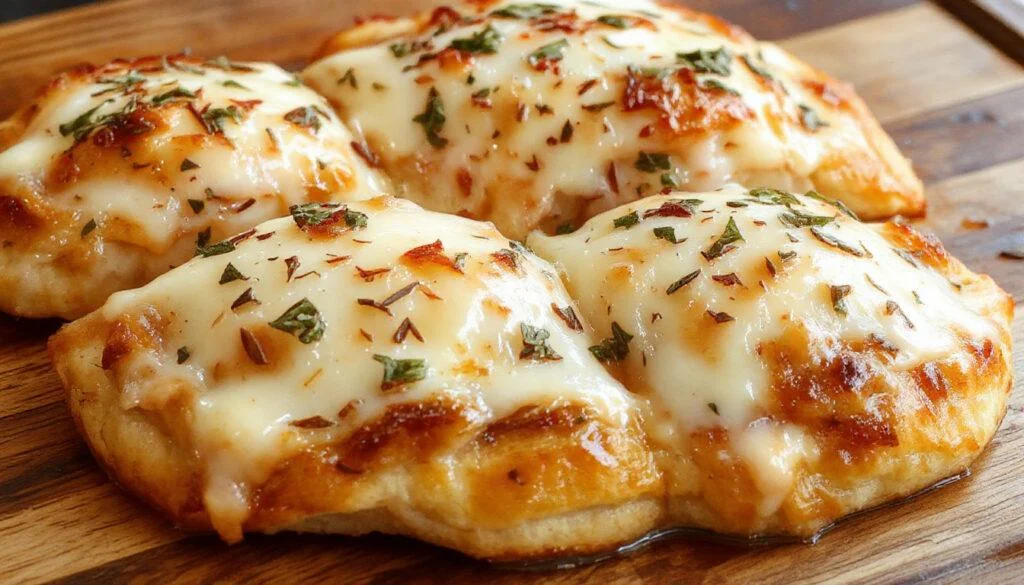 Goldbraune, knusprige Kartoffelspalten mit knuspriger Oberfläche, garniert mit frisch gehacktem Knoblauch und geriebenem Parmesan, auf einem rustikalen Holzteller serviert.