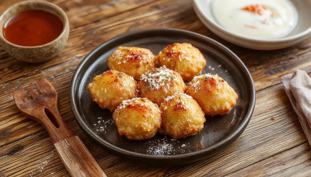 Das Bild zeigt knusprige Langos aus der Heißluftfritteuse, goldbraun und leicht ausgebeult, mit einer knusprigen Textur, die auf einem weißen Teller serviert werden, begleitet von Knoblauch, Kräutern und einem kleinen Becher Sauerrahm.