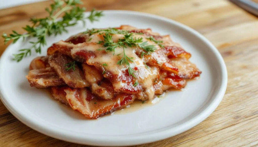 Ein Teller mit knusprigem Bacon neben gebratenem Reis, garniert mit Frühlingszwiebeln und Sesam, auf einem modernen Holztablett serviert.