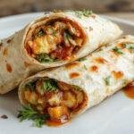 Ein knuspriger Hähnchen-Caesar-Wrap, halb aufgeschnitten, zeigt saftiges Hähnchenfleisch, frischen Römersalat, Parmesan und cremige Caesar-Sauce in einem weichen Wrap, dekorativ angerichtet auf einem weißen Teller