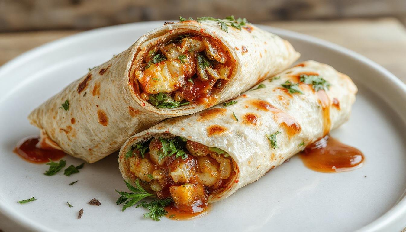 Ein knuspriger Hähnchen-Caesar-Wrap, halb aufgeschnitten, zeigt saftiges Hähnchenfleisch, frischen Römersalat, Parmesan und cremige Caesar-Sauce in einem weichen Wrap, dekorativ angerichtet auf einem weißen Teller