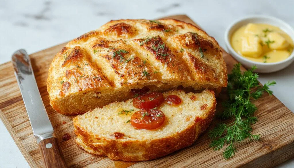 Ein frisch gebackenes, knuspriges Fladenbrot mit goldbrauner Kruste, bedeckt mit saftigen Tomatenscheiben und einem Klecks cremiger Knoblauchbutter, alles auf einem rustikalen Holzteller serviert, umgeben von frischen Tomaten und Kräutern.