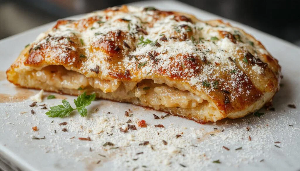 Ein goldbraunes, knuspriges Hähnchen vom Blech, bedeckt mit Parmesan, fein gehacktem Knoblauch und frischen Kräutern. Das Gericht wird auf einem weißen Teller serviert, Seiten wie gebackene Kartoffeln und grüne Bohnen sind sichtbar.