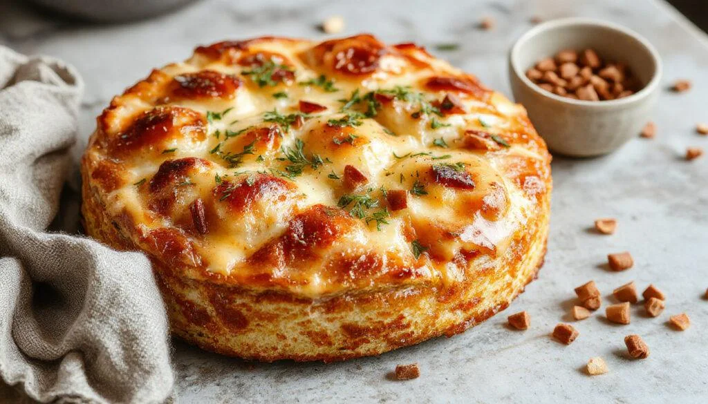 Ein frisch gebackenes, goldbraunes Joghurtbrot mit einer knusprigen Kruste, das appetitlich auf einem weißen Teller präsentiert wird. Das Brot hat eine runde Form und zeigt eine leicht strukturierte Oberfläche mit einigen Rissen. Im Hintergrund sind einige frische Kräuter und ein Glas Joghurt sichtbar, was die Zutaten des Brotes andeutet.