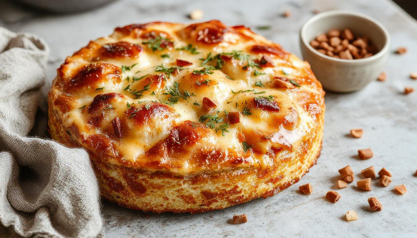 Ein frisch gebackenes, goldbraunes Joghurtbrot mit einer knusprigen Kruste, das appetitlich auf einem weißen Teller präsentiert wird. Das Brot hat eine runde Form und zeigt eine leicht strukturierte Oberfläche mit einigen Rissen. Im Hintergrund sind einige frische Kräuter und ein Glas Joghurt sichtbar, was die Zutaten des Brotes andeutet.