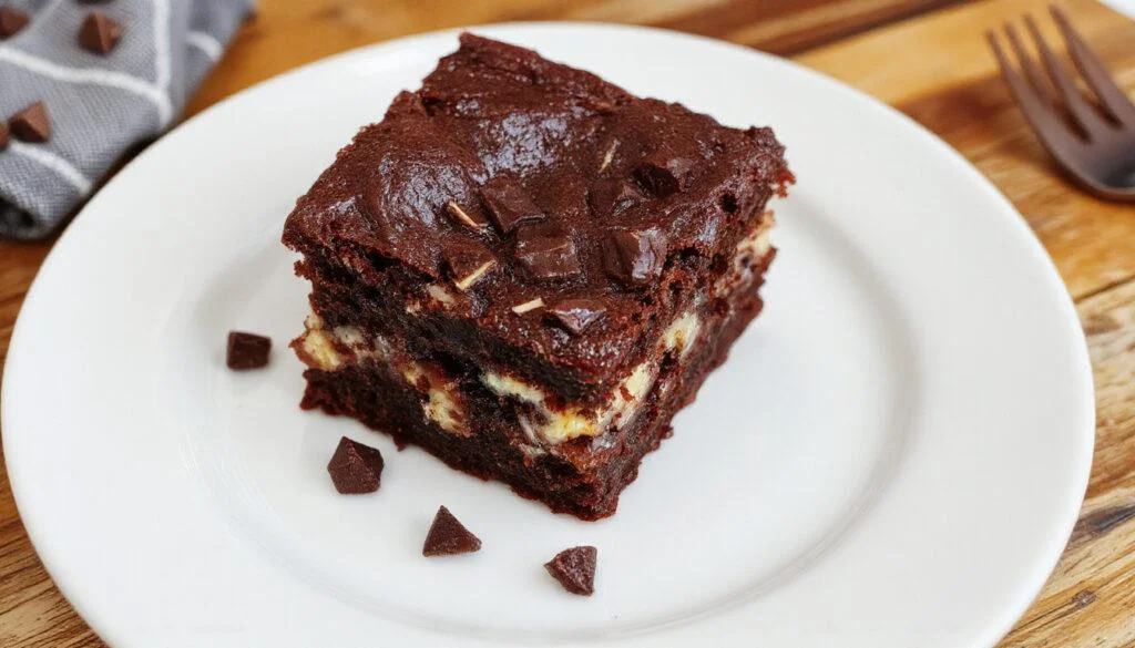 Ein saftiger Cheesecake-Brownie mit einer goldbraunen Oberfläche, der in die Mitte geschnitten ist und die cremige Käsekuchen-Schicht sichtbar zeigt, mit einer zarten, knusprigen Rand auf einem weißen Teller, dekoriert mit frischen Beeren und Minzblättern.