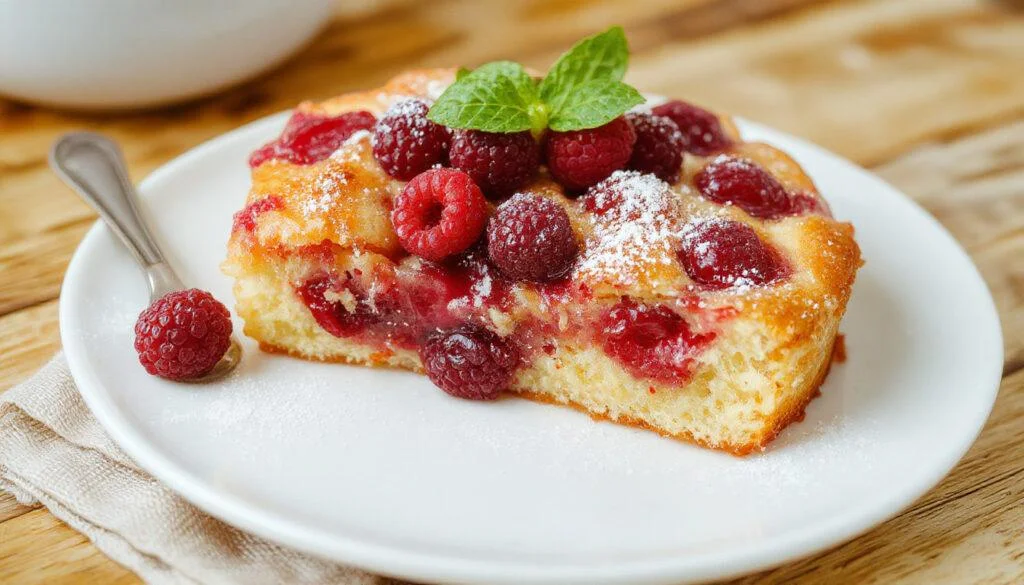 Ein saftiger Rhabarber-Käsekuchen mit goldbraunen Streuseln auf der Oberfläche, der in einem eleganten Kuchenstück angerichtet ist. Der Kuchen ist reich mit frischen, roten Rhabarberstücken durchzogen, die leicht glänzen und zum Einsatz kommen. Die Streusel sind butterartig und knusprig, die Kanten des Kuchens zeigen eine cremige, hellgelbe Käsefüllung. Das Bild ist stilvoll arrangiert, mit einem kleinen Zweig Minzblätter als Dekoration, auf einer weißen Serving-Platte mit einem rustikalen Hintergrund.