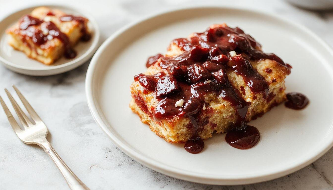 Ein frisch gebackener Kuchen mit Mascarpone- und Quark-Füllung, verziert mit frischen Beeren und Minzblättern auf einem eleganten Teller, die cremige Textur sichtbar, helles Licht hebt die Details hervor.