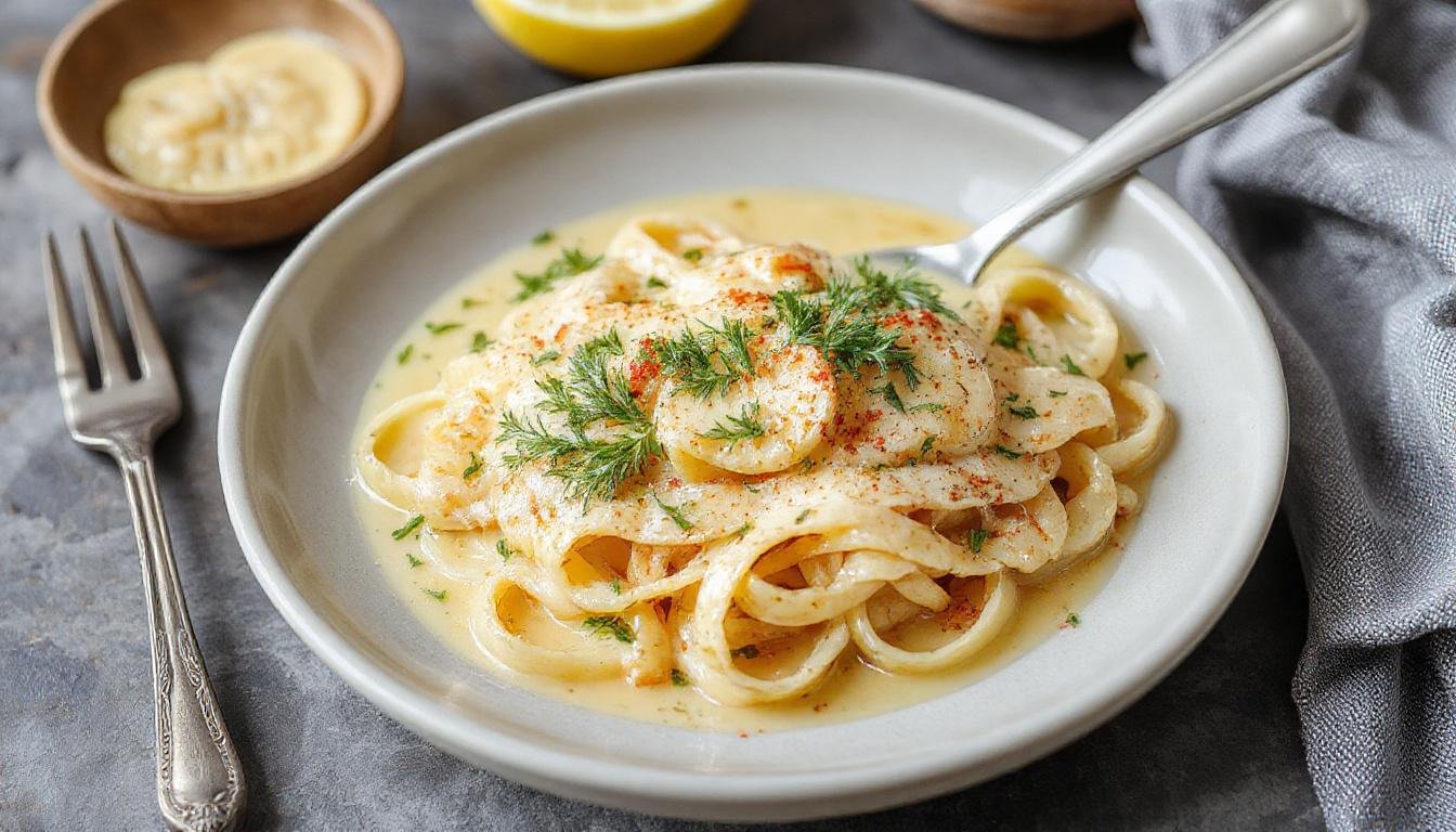 Eine elegante Pasta-Gericht mit zarten Tagliatelle, die in einer cremigen Zitronensoße schimmern. Auf der Oberfläche liegen Stücke von zartem Lachs, während frische Zitronenscheiben und grüne Kräuter die Präsentation abrunden. Das Gericht wird auf einem weißen Teller angerichtet, mit einem eleganten und appetitlichen Aussehen, das die Frische und Cremigkeit der Sauce betont.