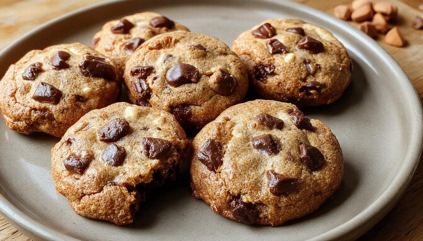 Ein verlockendes Bild von Brookies auf einem weißen Teller, die Anordnung zeigt die schokoladige Brownie-Schicht und die weiche Keks-Oberfläche, mit einer goldbraunen Kruste und zartem, feuchtem Inneren, dekoriert mit zerbröselten Schokoladestücken.
