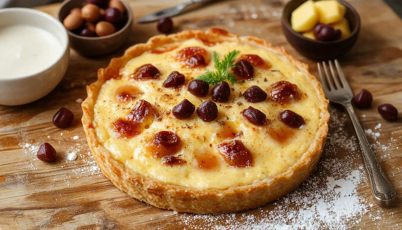 Eine frisch zubereitete Heidelbeer-Tarte auf einem weißen Teller, bedeckt mit glänzenden, blauen Heidelbeeren, umgeben von einem goldbraunen, knusprigen Mürbeteig, mit einem zarten Creme-Topping und einem Schuss Eierlikör an der Seite.