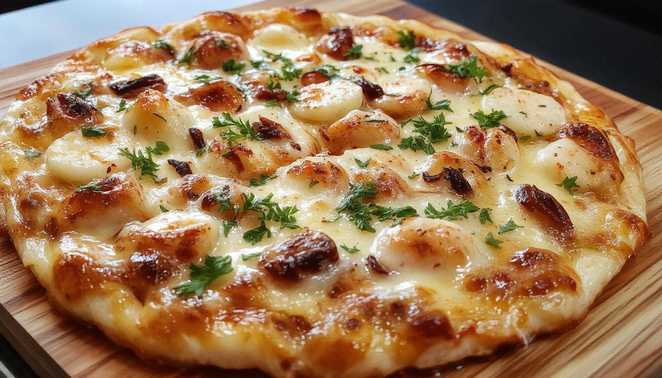 Ein groĂer rechteckiger Blech mit knuspriger Kartoffelpizza, belegte OberflĂ€che mit goldbrauner KĂ€se, dĂŒnnen Kartoffelscheiben, frisch gehackten KrĂ€utern und einer knusprigen Kruste.