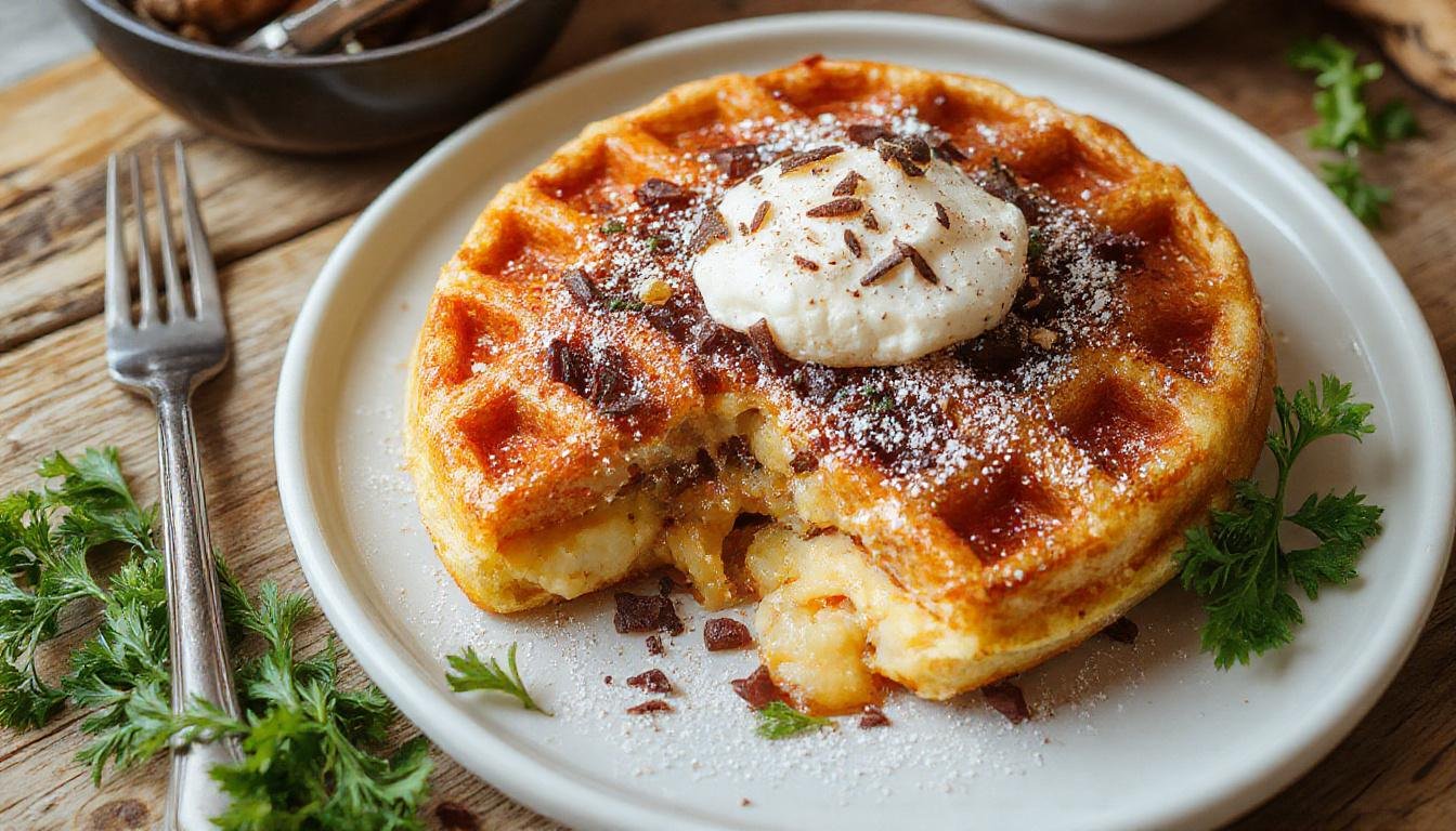 Goldene Kartoffelwaffeln mit einer knusprigen Oberfläche, serviert auf einem weißen Teller, garniert mit frischen Kräutern und einer Beilage aus Apfelmus. Die Waffeln sind dick und schön gebacken, mit sichtbar weichem Inneren. Der Hintergrund ist hell und freundlich, was die leckere und einladende Präsentation unterstreicht.
