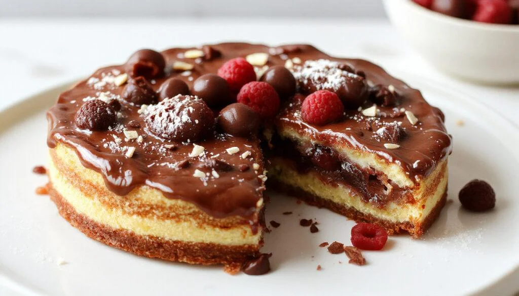 Eine üppige Kinder-Schokolade-Torte mit einer glatten, schokoladenbraunen Oberfläche, dekoriert mit frischen, roten Erdbeeren und einem leichten Schokogitter auf der Oberseite, serviert auf einem eleganten Teller.