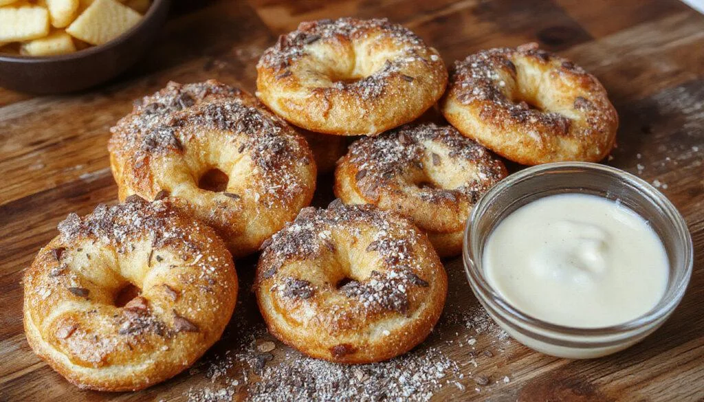 Frische, goldbraune Low-Carb-Keto-Brezeln mit knuspriger Kruste, serviert mit einem cremigen Dip auf einem rustikalen Holztablett. Die Brezeln sind kunstvoll gedreht und glänzend, der Dip daneben lädt zum Dippen ein.
