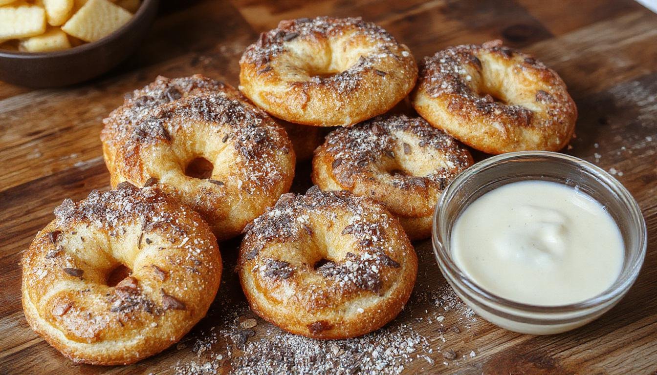 Frische, goldbraune Low-Carb-Keto-Brezeln mit knuspriger Kruste, serviert mit einem cremigen Dip auf einem rustikalen Holztablett. Die Brezeln sind kunstvoll gedreht und glänzend, der Dip daneben lädt zum Dippen ein.