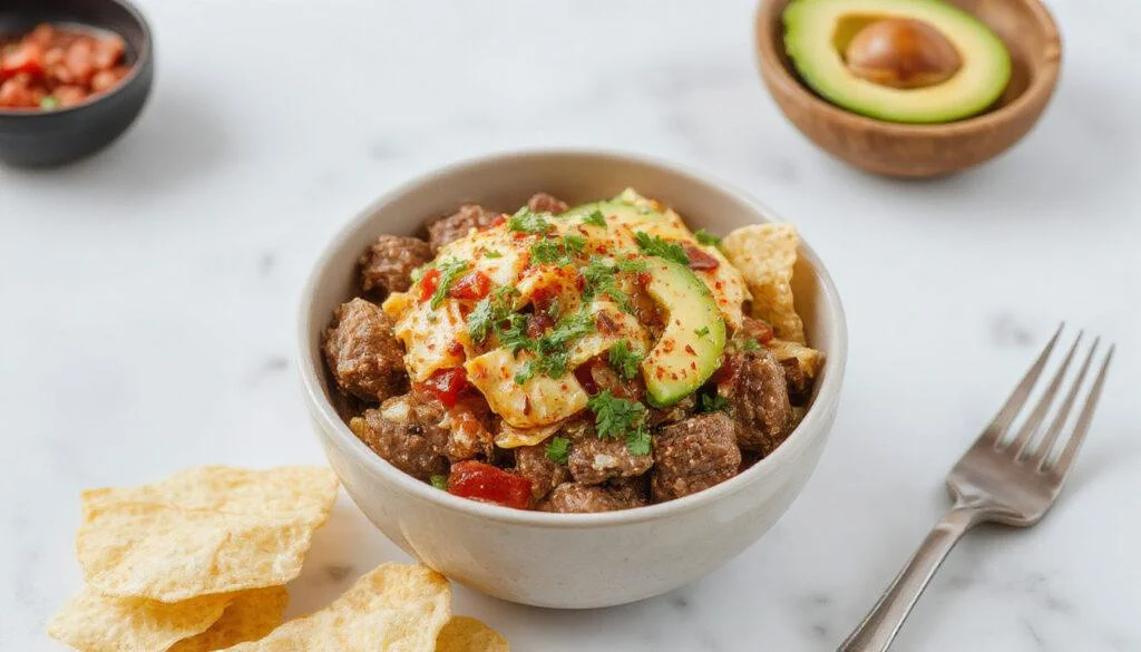 Eine bunte Nacho-Bowl auf einem weißen Teller, gefüllt mit knusprigen Tortilla-Chips, üppig bedeckt mit gewürztem Hackfleisch, geschmolzenem Käse, frischen Tomatenwürfeln, grüner Salsa, und grünen Korianderblättern. Das Gericht sieht reichhaltig und appetitlich aus, mit einer Mischung aus knusprigen und cremigen Texturen.