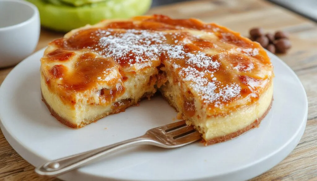 Ein appetitlich angerichteter Pflaumen-Pudding-Tarte auf einem eleganten Teller, mit goldbraunen, knusprigen Teigrändern und einer üppigen Schicht frischer, saftiger Pflaumen in der Mitte. Die Tarte ist dezent bestäubt mit Puderzucker und wirkt saftig und verlockend, perfekt zum Genießen.
