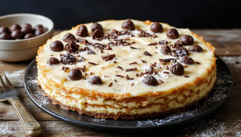 Eine große, verführerische Spaghetti-Eis-Torte auf einem eleganten Teller. Die Torte ist mit funkelndem, weißen Vanille-Eis bedeckt, das kunstvoll wie Spaghetti drapiert ist. Bunte Schokoladenstreusel und frische Erdbeersauce verzieren die Oberfläche und verleihen einen lebendigen Kontrast. Das Ganze ist schön präsentiert mit einer frischen Minzblatt-Garnitur, die das ansprechende, sommerliche Dessert betont.