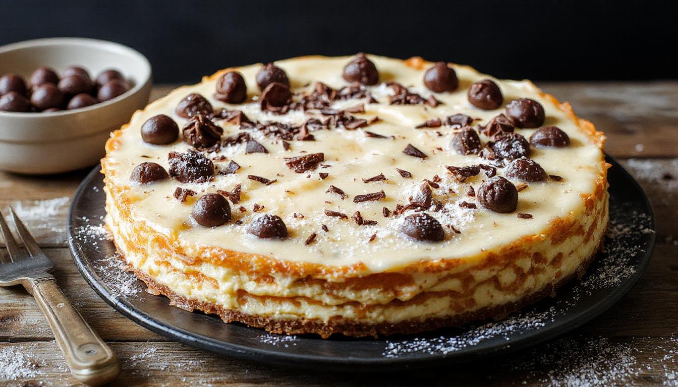 Eine große, verführerische Spaghetti-Eis-Torte auf einem eleganten Teller. Die Torte ist mit funkelndem, weißen Vanille-Eis bedeckt, das kunstvoll wie Spaghetti drapiert ist. Bunte Schokoladenstreusel und frische Erdbeersauce verzieren die Oberfläche und verleihen einen lebendigen Kontrast. Das Ganze ist schön präsentiert mit einer frischen Minzblatt-Garnitur, die das ansprechende, sommerliche Dessert betont.