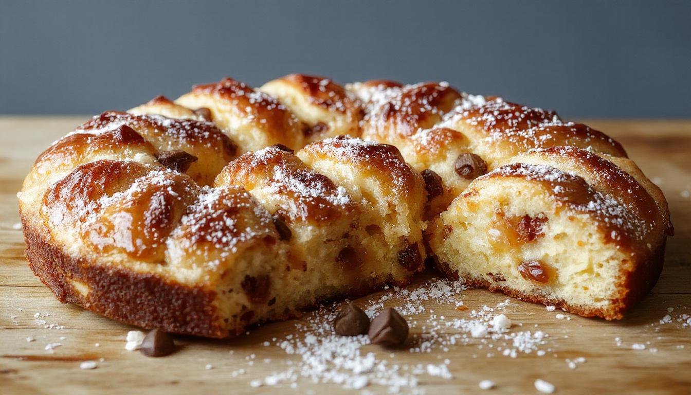 Ein frisch gebackener Buttermilchkuchen auf einem kristallklaren weißen Teller, bedeckt mit einer goldbraunen Zimt-Mandel-Kruste, dekorativ angerichtet mit Puderzucker. Der Kuchen ist in Stücke geschnitten, die Kruste zeigt eine herrliche Textur mit sichtbaren Mandeln und Zimmtönen, während die innere Teigmasse weich und fluffig aussieht.