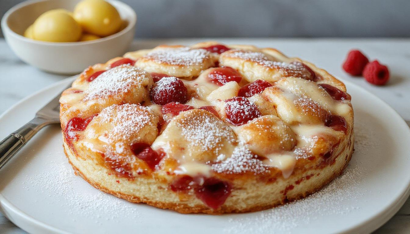 Ein saftiger Kirsch-Mohn-Kuchen mit goldbrauner Kruste, garniert mit frischen Kirschen und Puderzucker, auf einem eleganten Teller präsentiert, mit einem vibrierenden, einladenden Aussehen