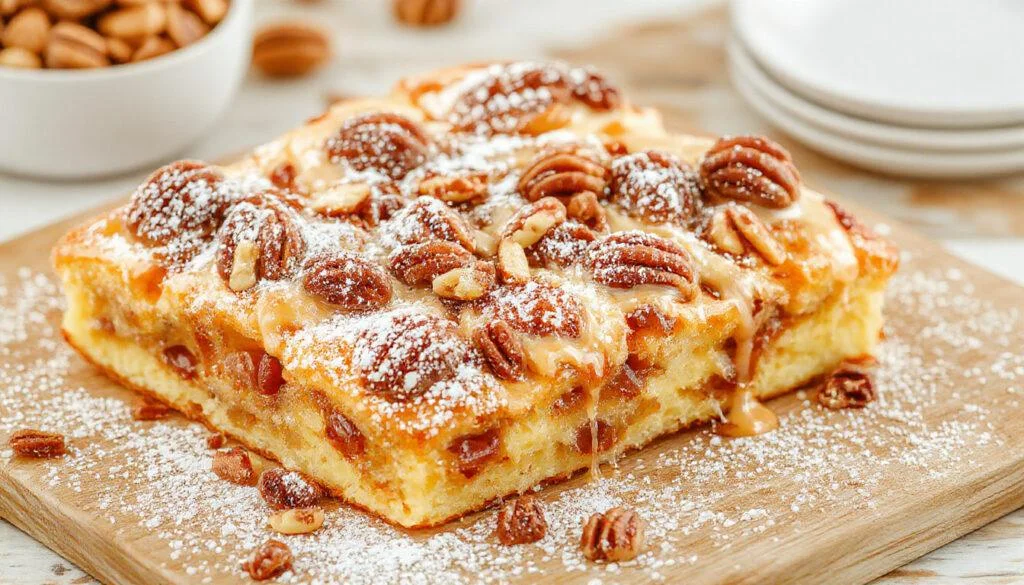 Ein frisch gebackener Pflaumenkuchen auf einem rustikalen Holztablett, bedeckt mit glasierten Pflaumen und knusprigen Nussstreuseln, umgeben von einer goldbraunen Kruste