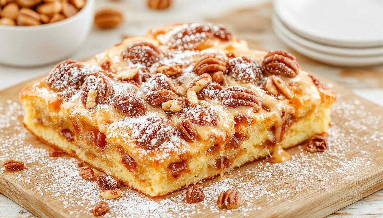 Ein frisch gebackener Pflaumenkuchen auf einem rustikalen Holztablett, bedeckt mit glasierten Pflaumen und knusprigen Nussstreuseln, umgeben von einer goldbraunen Kruste