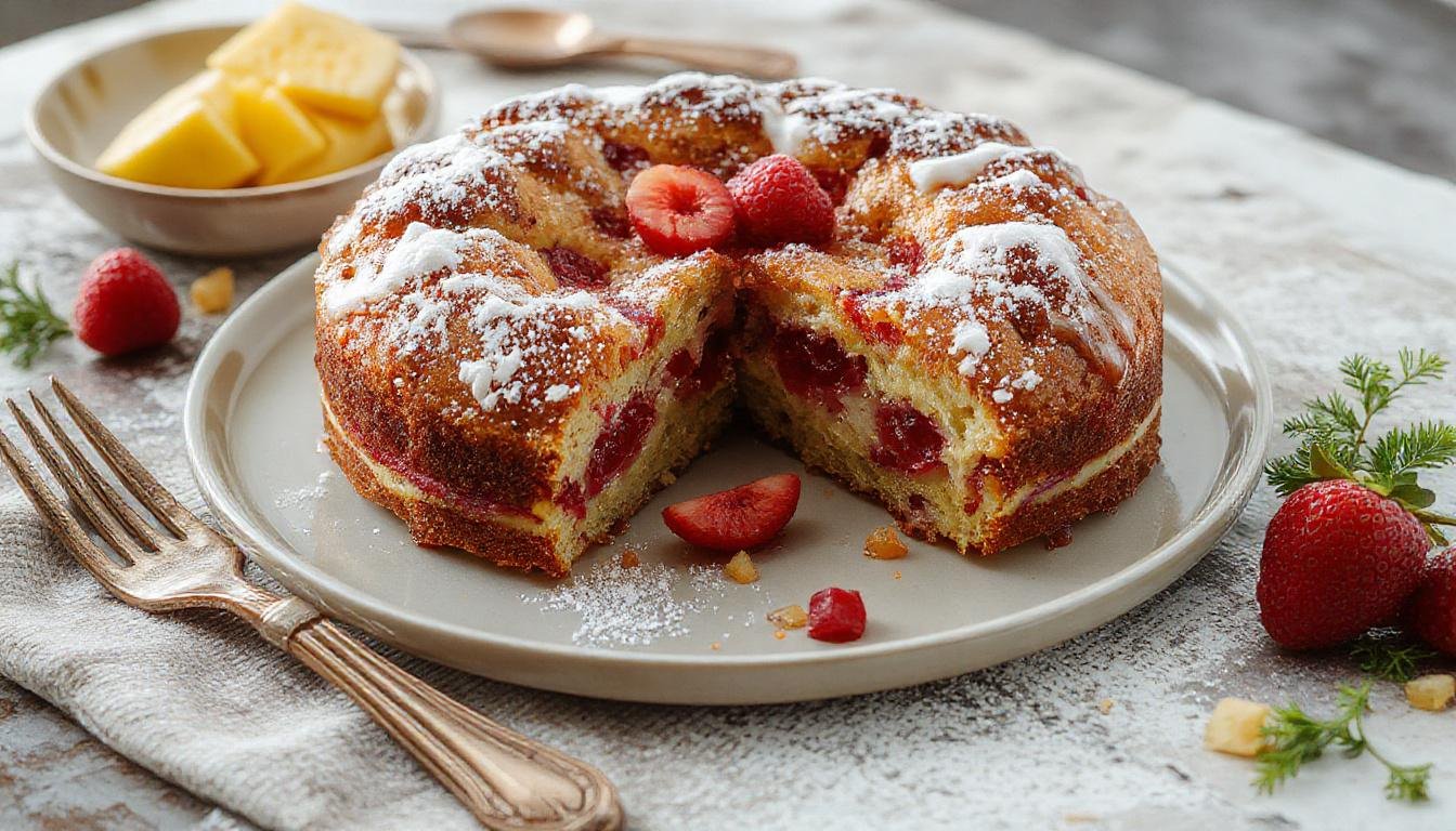 Ein saftiger Rhabarber-Erdbeer-Kuchen auf einem eleganten Teller, mit frischen, roten Erdbeeren und hellgrünem Rhabarber, goldbraun gebacken, mit Puderzucker bestäubt, serviert auf einem Holztisch, umgeben von Blüten und ein Glas Milch im Hintergrund.