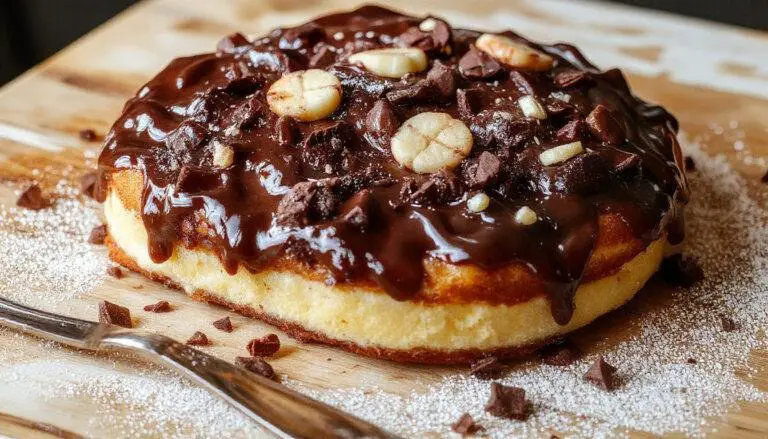 Ein mehrschichtiger Schokoladen-Vanille-Kuchen mit glatter Creme und schokoladigen Dekorationen, auf einem eleganten weißen Teller präsentiert