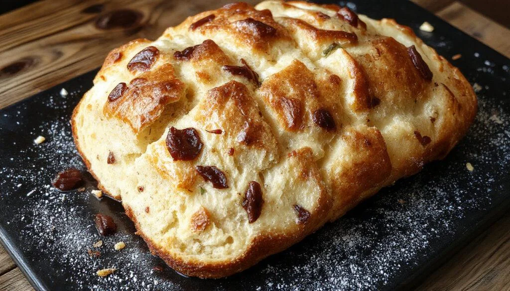 Frisches Hüttenkäse-Fladenbrot auf einem rustikalen Holzteller, garniert mit frischer Petersilie und Sesamsamen, goldbraun gebacken, mit einer knackigen Kruste und cremiger Käsefüllung