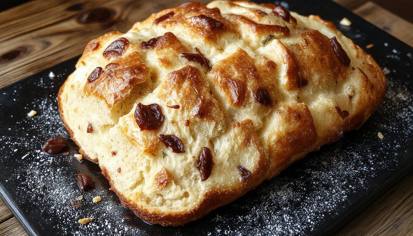 Frisches Hüttenkäse-Fladenbrot auf einem rustikalen Holzteller, garniert mit frischer Petersilie und Sesamsamen, goldbraun gebacken, mit einer knackigen Kruste und cremiger Käsefüllung